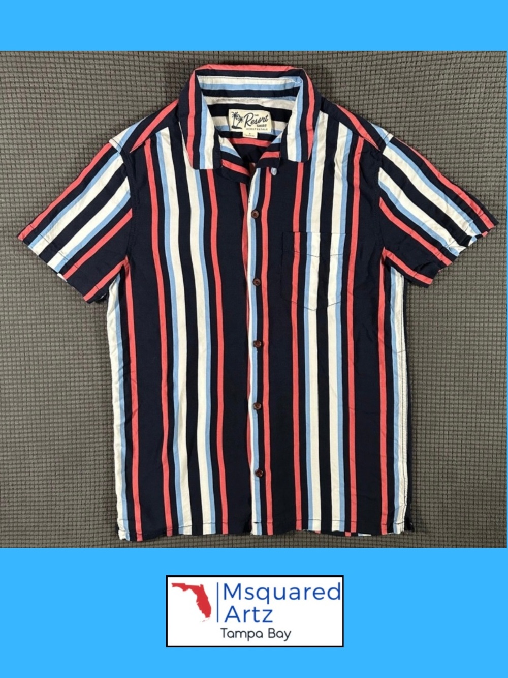 Aeropostale Resort Shirt Mens Small Blue Red White Striped Rayon Button Front